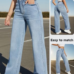 Rekbare Rechte Jeans voor Dames - Hoge Taille, Knoopsluiting, Lichtblauwe Denim, Comfortabel & Stijlvol voor Lente/Zomer/Herfst, Hoge Taille Jeans