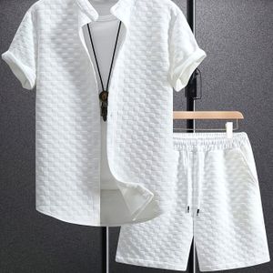 Heren Casual Korte Mouw Knopen-Shirt & Shorts Set - Zwart, Ademend Polyester Blend, Pasvorm voor de Zomer, Dagelijkse , Casual Zomerse Kleding | Knopen-Shirt | Polyester Blend