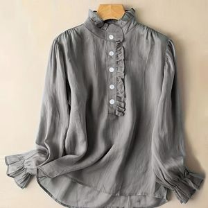 Dames Casual Lange Mouw Blouse met Trim en Details, Lichtgrijs Crew Neck Shirt voor Lente/Zomer, Lente Mode Top | Trim Shirt | Niet-