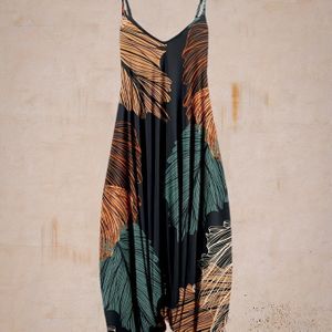 Bohemian tropische bladprint mouwloze harem jumpsuit, casual V-hals, rugloos, polyester, alle seizoenen, volwassen, tropisch , polyester, met reisjumpsuit|Bohemian stijl|Polyester