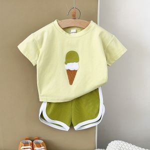 Jongens Tweedelige Set met Schattige IJsroom Lapwerk Korte Mouwen Shirt en Vakantiestijl Driehoekige Shorts (Zonder Schoenen, Hoed, Bril, etc.), Ideaal voor Buiten