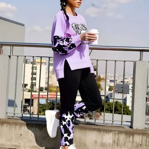 2-delige Fashion Sport Outfit voor Meisjes | Luipaard- en Sterprint, Split , Ronde Hals, Lange Raglanmouwen, Ideaal voor Herfst/Winter Buitenactiviteiten, door GOKISTOTR, voor Buiten