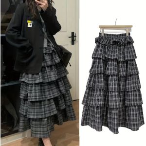 Dames Vintage A-Lijn Maxi Rok - Hoge Taille, Gelaagde Zoom, Stretchy, Zwart & Wit Geblokt , Perfect voor Lente/Zomer/Herfst