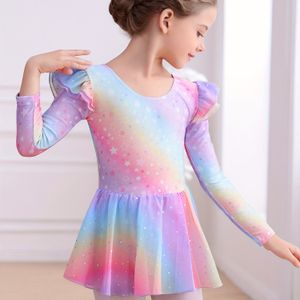 Regenboog Sterrenpatroon Chiffon Jurk met Lange Mouwen voor Meisjes | Schattig en Glitterend, Bodycon Pasvorm met Zoom, Perfect voor Dans en Casual Kleding, door E.DANCE