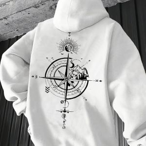 Heren Nautisch & Design Hooded Sweatshirt - & Maritime Print, Losvallende Casual Pullover met Gouden Kompasroos & Schipswiel