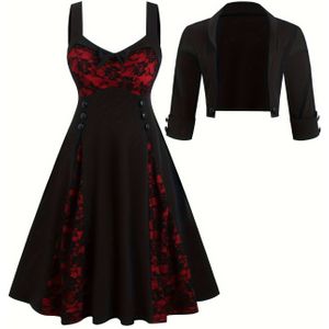 Oudong Europese en Amerikaanse Mode Rozenknop Contrast Kant Print Maat Tweedelige Jurk voor Vrouwen