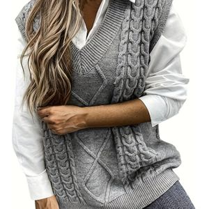 Plus-maat kabelgebreid vest, elegante mouwloze top met V-hals voor herfst en winter, dameskleding in grote maten