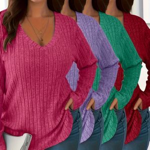 Plus Size, 4-delige set -border bestseller dames V-hals geribbelde lange mouwen