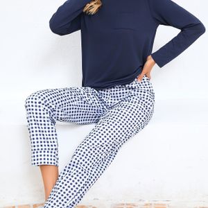 Vrouwen Marineblauw en Wit Gingham Check Pyjama Set - Elegante Ronde Hals, Lange Mouwen, voor Alle Seizoenen, Casual Nachtkleding, Casual Nachtkleding|Geruit |Comfortabele Pasvorm, Pyjama's