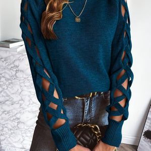 Chique Zwarte Dames Trui met Uitsnijdingen op de Mouwen - Gezellige Ronde Hals, Lange Mouw Pullover voor Herfst & Winter, Casual Stijl, Herfst-Winter Kleding | Chique | Constructie, Trui-Jurk
