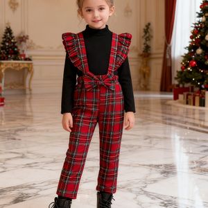 Preppy Kerst Jumpsuit voor Meisjes met Bijpassende Lange Mouwen Top - Machinewasbaar, Niet-Rekbare Stof voor Lente/Herfst, Perfect voor Buiten