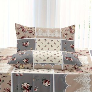 4-delige Patchwork Bloemenprint Beddengoed Set met Kussenslopen - 100% Polyester, Geschuurd , Actieve Print, , Machinewasbaar