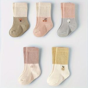 5-Pack Vier-Seizoenen Kleurblok Bloemen Baby Kniekousen, Kleurblok Ontwerp,Fijne Stiksels,Zacht voor de huid,Seizoenssokken,Multipack Sokken,Cadeau voor Ouders
