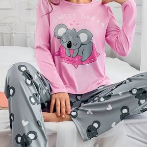 Koala Print Gezellige Slaapset Voor Vrouwen, Ronde Hals Lange Mouwen T-Shirt + Ontspannen Broek, Zachte En Comfortabele Nachtkleding, Vrouwen Elegante Nachtkleding En Loungewear