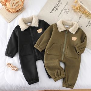 2 stuks Jongens Mode Casual Fleece-gevoerde Warme Beer Zak Lange Mouw Rits Romper met Pluche Kraag voor Winter, Perfect voor Buiten