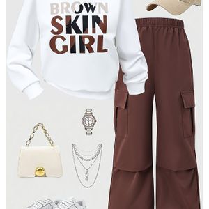 Licht Beige Meisjes Mode Cargo Broek + Letter Print Losse Lange Mouwen Set, Kleding Alleen, voor Buiten