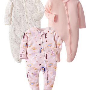 3-Pack Newborn Baby Meisjes Gevoerde Rompers, Zip-Front Katoen & Onesies, Schattige Ronde Hals Lange Mouw Outfits met Lichte Stretch, Gebreide Stof, 0-12 Maanden, voor Buiten