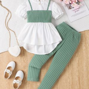 Outdoor Tweedelige Set voor Meisjes: Modieuze Lente/Zomer Gestreepte Half-Rits Cardigan met Paddenstoelenkraag en Pofmouwen + Gestreepte Broek, Perfect voor Buiten