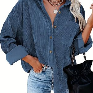 Herfst Nieuwe Mode Casual Stijlvol Trendy High-End Losse Kraag Corduroy Lange Mouwen Plus Size Dames Shirt Top, Enkelrijig met Zakken Wasmachinebestendig voor Vrije Uitjes
