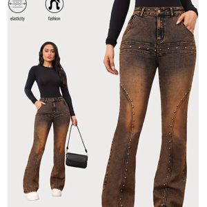 STLT Dames High-Waist Wijde Pijp Vintage Wijde Jeans Broek - Retro Strass & Franjes Geschikt voor Casual Outfits (Niet Nodig), Lange Elastische Broek