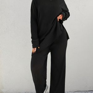 Plus Size, 2025 Nieuwe Mode Geribde Tweedelige Set met Split