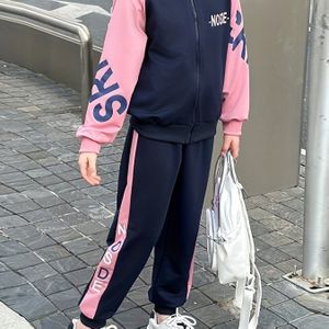 Meisjes Lente/Herfst Tweedelige Set, Comfortabele Casual Sportieve Letterprint Color Block Raglan Mouw Capuchon Rits Cardigan Jas + Casual Taillekoord Lange Broek, Perfect voor Buiten