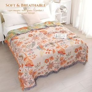 Luxueuze Vintage Bloemen Katoenen Franje Dekentje, Zachte Sofa Worp, Sjaal voor Dutjes, All-Seizoen, Wasmachinebestendig, 32 Tinten, Gemengde Kleuren Oranje, Blauw, Beige, Beddendeken
