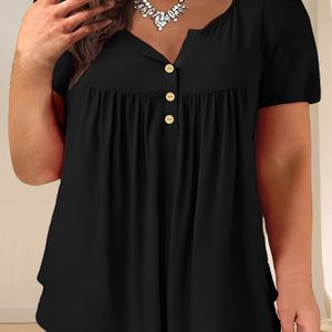 Women's Plus Size Casual Pleated T-shirt, Summer Knit Fabric Top, Crew Neck, Solid Color, Stretch, Oversized Pullovers, Polyester 95% Spandex 5% - Navy Blue