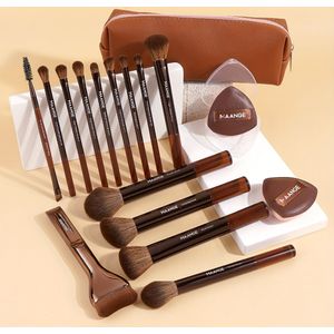 MAANGE 14-delige make-up kwasten set + 2 lucht kussen poeder + make-uptas, aluminium buisje make-upkwast, multifunctionele gezichtsmake-up kwastenset, draagbaar voor reizen, Moederdag cadeau