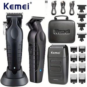 Kemei Professionele Haartrimmer Kit voor Mannen - 3- Set met USB Oplaadbare Elektrische Scheerapparaat, Precisietrimmen & Baardverzorging