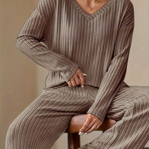 Effene Kleur Geribbelde V-Hals Lange Mouw Losse Casual Dames Thuisoutfit Tweedelige Set