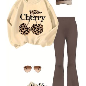 Meisjes Kersen & Luipaardprint Mode Set - Gezellige Polyester Sweatshirt met Uitlopende Broek, Machinewasbaar - Perfect voor Herfst/Winter, Ronde Hals, Tweedelige Set, Perfect voor Buiten