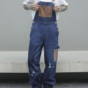 Casual Losvallende Denim Overall met Verstelbare Bandjes, Bruine Tailleband & Zakken - Gewassen Verweerde Look, Niet-Rekbare Stof, voor Alle Seizoenen, Casual |Verweerde Denim|Verstelbare Bandjes