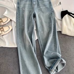 Dames Lichtblauwe Wijde Broek met Strik Embelijering - Hoge Taille, Rechte Pijp Design, Niet-Stretch Denim, , Casual & Versatile Stijl, Hoge Taille Jeans, Geborduurde Jeans, Niet-stretch Stof