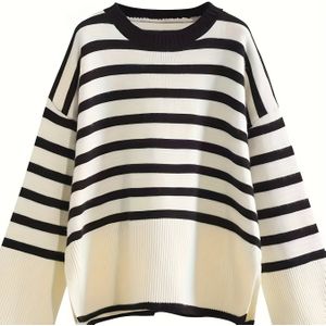 Dames Franse Stijl Vintage Zwart-Wit Gespleten Voorkant Blouse - Hoge Elasticiteit Losse Pasvorm Trui, H-lijn Silhouet Lente/Herfst Elegant Casual tot Chic, Wasmachinebestendige Ronde Hals Trui