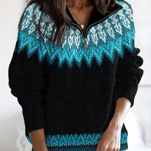 Winter Dames Trui Elegant Ritskraag Zacht Dik Gletsjer Jacquard Top Mooie Mode Comfortabel Casual Vintage Pendelaar Slanke Pasvorm Pullover Cadeau