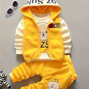 Herfst en Winter Nieuwe Dikke Cartoon Beer Capuchon Trui met Lange Mouwen -Delige Set voor Meisjes, Dubbelzijdig Fleece Outfit, Perfect voor Buiten