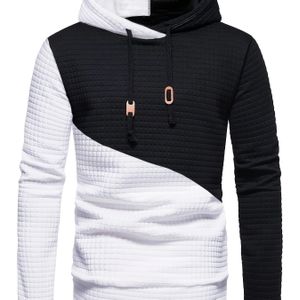 Herren Color Block Hoodie - Zwart & Grijs Geometrisch met Rose Gold 'HO' Logo, Regular Fit Casual Streetwear Trui, Comfortabele Pullover, Wasmachinebestendig, Ribbed Cuffs en Zoom