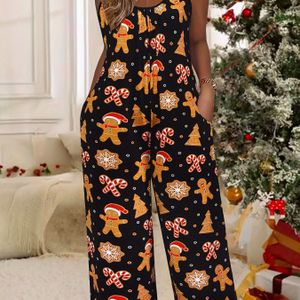 Vrolijke kerstprint jumpsuit voor dames met zakken - Casual polyester spandex mix gebreide stof, ronde hals, mouwloos wijdvallend ontwerp met open rug voor alle seizoenen