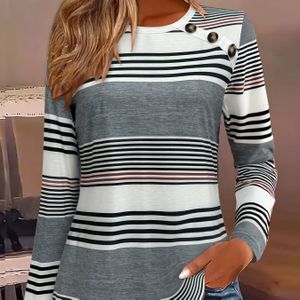 Vrouwen's Elegante Casual Gestreepte Lange Mouw T-Shirt - Zomer Ronde Hals Top met Blauwe & Witte Horizontale Strepen, Machine Wasbaar Regular Fit, Casual Kleding, Duurzame Dagelijkse Outfit