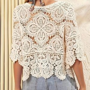 Women's Bohemian Style Lace Crochet Cover-up - Half Sleeve, Round Neck, Hollow-out , Lightweight Rayon Fabric For Spring/summer Vacations And Casual , Crochet Shawl