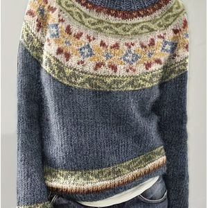 Vrouwen's Zachte Trui met Ronde Hals en Kleurblok Gestreept & Diamantpatroon Pullover - Gezellige Polyester Herfst Winter Top, Elegante Garderobe Essentieel, Schattige Gebreide Sweaters