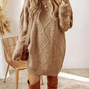 1pc Chic Polyester Knit Dress voor Vrouwen - Lange Mouw Kabel Gebreide Geribbelde Jurk met Ronde Hals, Kleur, Warme Trui Stijl, Herfst en Winter Mode