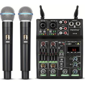 Professionele Audio Mixer, 4 Kanaals met Dubbele Draadloze Microfoon | Kerstcadeaus, USB Aangedreven, ABS Materiaal