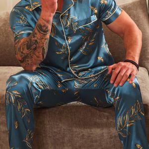 Herren 2-teilig Casual Pyjama Set met Plantenprint, Korte Mouwen Overhemd en Elastische Taille Wijde Broek voor Thuis in de Zomer