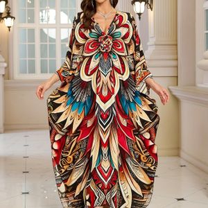 Boho Size Bloemenprint Strand Cover-Up Jurk - V-hals, Handgeweven Batwing Mouwen, Lange Tuniek met, Perfect voor Zomer Vakanties en Strand Uitstapjes
