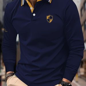 Herenshirt met Lange Mouwen en Lichtgewicht, Met Logo- & Letterprint, Casual Tweekleurige Kraag, Lente- & Herfstcasual Kleding, Blauw