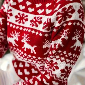 Rood Hert en Sneeuwvlok Jacquard Ronde Hals Lange Mouwen Trui, Losse Luie Stijl Dikke