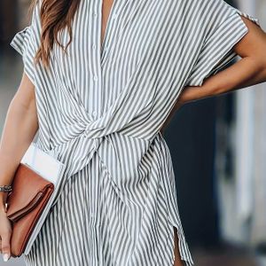 Elegant Striped Bow-detail T-shirt Dress For Women - Casual Lapel Style With Strap, Knee-length Summer Dress, Casual Attire, Strapless Dress