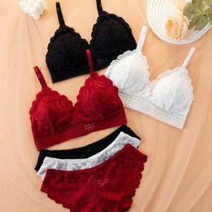 3-delige Set Met Kanten Elegante En Slipje, Draadloze Comfortabele Met Spaghettibandjes En Strikversiering Slipje, Lingerie Set Voor Dames